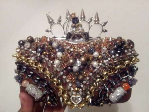 The Royal Skull King Metal Brass Nuckle Red Leather Spiked Clutch Purse