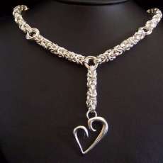 Sterling Silver Byzantine Weave Necklace with Heart Pendant