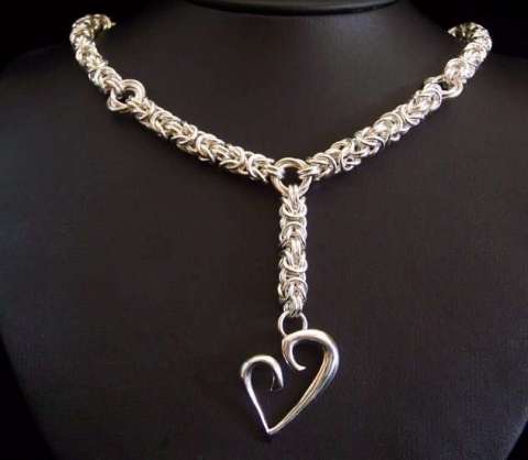 Sterling Silver Byzantine Weave Necklace with Heart Pendant