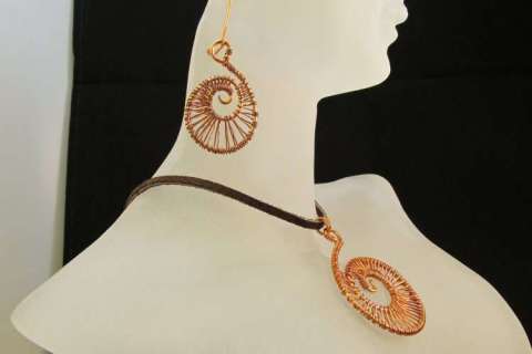 Copper Wire Wrapped Nautilus Shell Necklace and Earrings