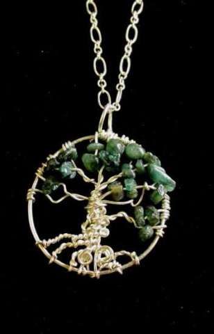 Sterling Silver and Emerald Chips Tree of Life Necklace