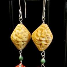 Sterling Silver Wire with Carved Bone, Turquoise, and Coral Earrings