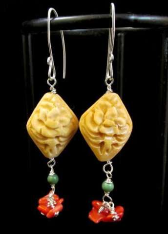 Sterling Silver Wire with Carved Bone, Turquoise, and Coral Earrings