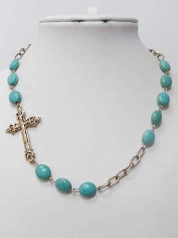  16 in. Turquiose beaded cross necklace