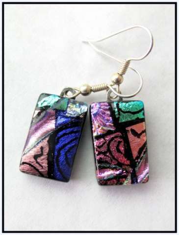 Handcrafted Full Fused Dichroic Glass Zentangle Dangle Earrings