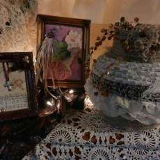 Fabric Coiled Vessel and framed collages