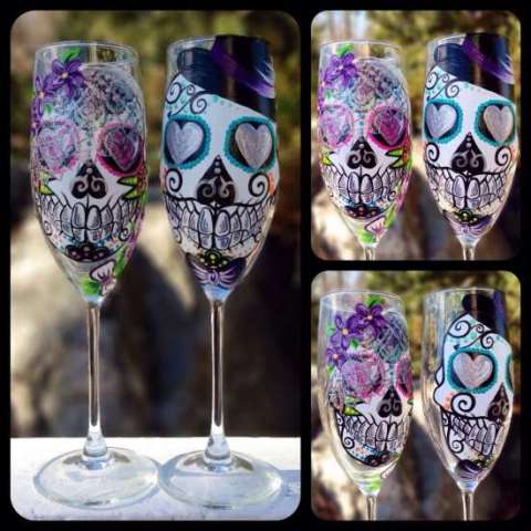 Bride and groom sugar skull champagne flutes