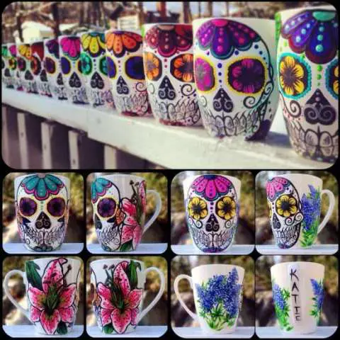 Hand painted sugar skull mugs