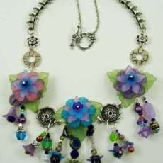 "Eggplant" Hand beaded flowers on Silver chain necklace