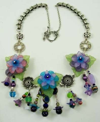 "Eggplant" Hand beaded flowers on Silver chain necklace