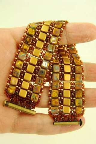 Brown and gold Tila weave cuff bracelet