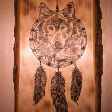 Woodburned Wolf Dreamcatcher