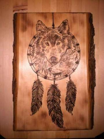 Woodburned Wolf Dreamcatcher