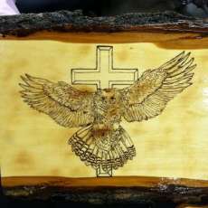 Woodburned Flying Owl with Cross