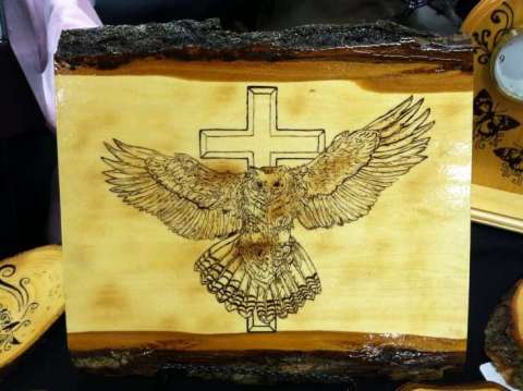 Woodburned Flying Owl with Cross