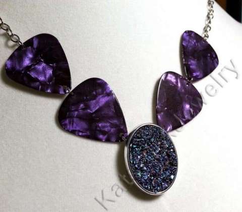 Guitar pick necklace with druzy crystal centerpiece