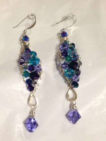 Blue Swarovski Wire Wrapped Curved Earrings