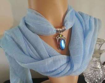 Sheer Baby Blue Scarf with Mystic Topaz Pendant