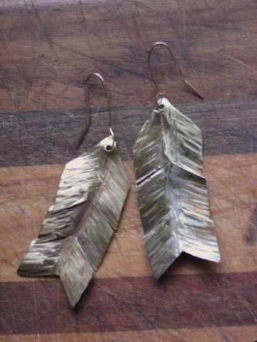 Handforged brass feather earrings