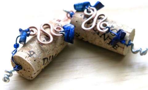 Wine Cork Earrings With Cats' Eye Bead and Wire