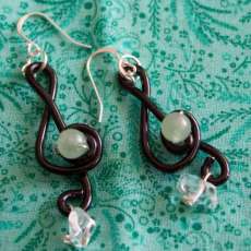 Treble Clef Earrings With Jade and Sea Opal and Sterling Wire