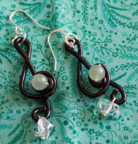 Treble Clef Earrings With Jade and Sea Opal and Sterling Wire