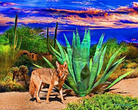 Coyote posing by Century plant