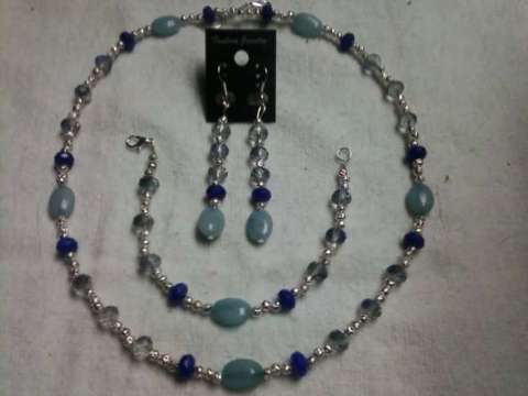 3 piece set brazil aquamarine,sapphire,swarovski crystal,silver plated throughout