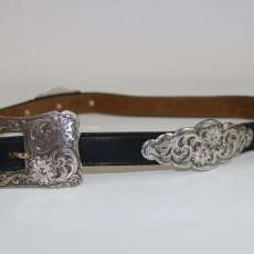 Black Leather Belt with Antique Silver Designs