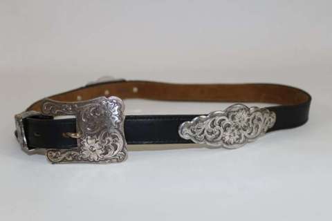 Black Leather Belt with Antique Silver Designs