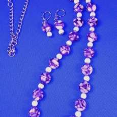 Purple & White Bead Necklace/Earring Set