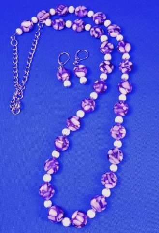 Purple & White Bead Necklace/Earring Set