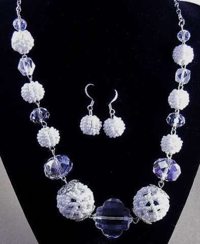 White & Crystal Bead Necklace/Earring Set