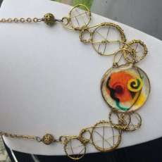 Brass Wire Wrapped Necklace With Resin Cabochon