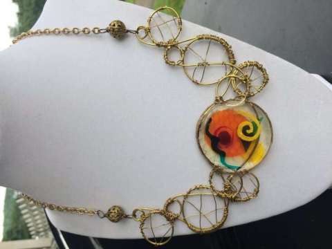 Brass Wire Wrapped Necklace With Resin Cabochon
