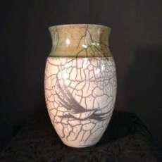 Raku Pot, Aqua Glaze, Bird Image