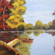 A Fall Lake With Boats. Oil, Canvas