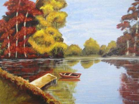 A Fall Lake With Boats. Oil, Canvas
