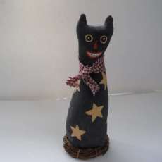 Primitive Painted Black Cat on Homepun With Stars and Bow