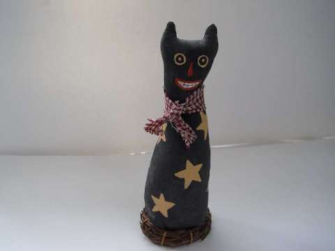Primitive Painted Black Cat on Homepun With Stars and Bow