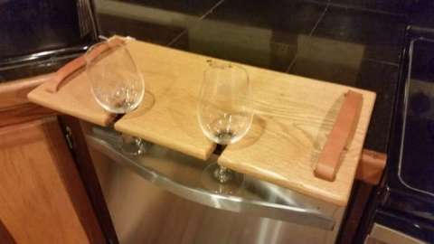 Oak Serving Board With Leather Handles and Wine Glass Holders
