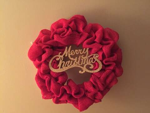 Red Burlap With Christmas Embellishment