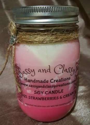 16oz Jar. Strawberries and Cream Soy Candle.... Visit Our Webside For More Details and Products Www.Sassyandclassycreations.Com
