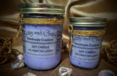 16 Oz and 8 Oz Jar. Fruit the Loop Soy Candles ...Please Visit Our Wedside For More Products and Details Www.Sassyandclassycreations.Com