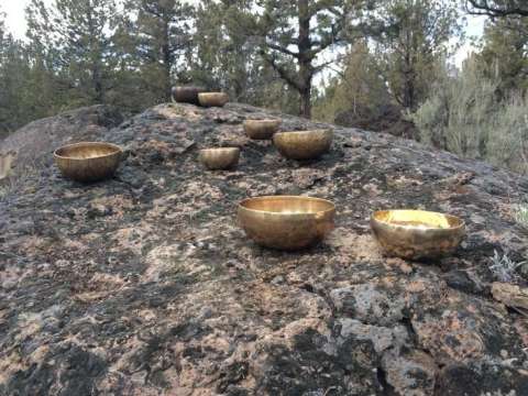 Tibetan Singing Bowls on Basalt Lava