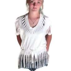 White Short Sleeve Fringed Bottom Decorative Neckline