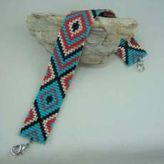 Turquoise, Red & Silver Diamond Pattern Hand Loomed Bracelet