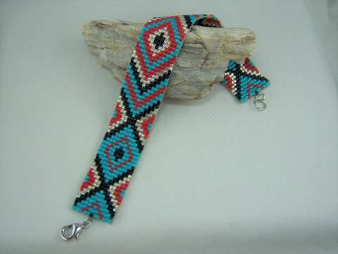 Turquoise, Red & Silver Diamond Pattern Hand Loomed Bracelet