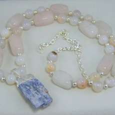 Rose Quartz Nuggets, White Banded Agate, Sterling Silver-Plated Beads With Blue Kyanite Pendant Necklace