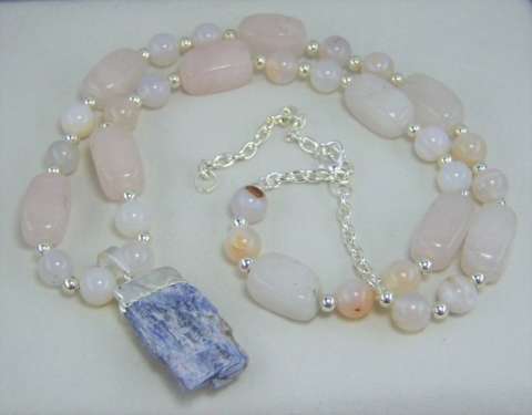 Rose Quartz Nuggets, White Banded Agate, Sterling Silver-Plated Beads With Blue Kyanite Pendant Necklace